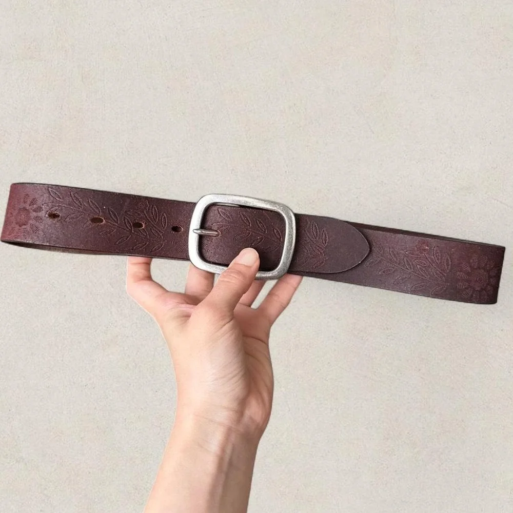 Aeropostale Womens XS Dark Brown Genuine Leather Embossed Floral Western Belt